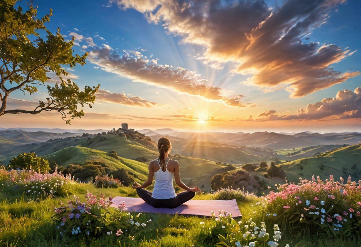 A serene sunrise over a peaceful landscape, featuring a person practicing yoga on a hilltop, surrounded by blooming flowers and vibrant greenery, symbolizing wellness and joy. Include gentle rays of sunlight illuminating the scene, with soft clouds in a clear blue sky. super-realistic. vibrant colors. tranquil atmosphere.