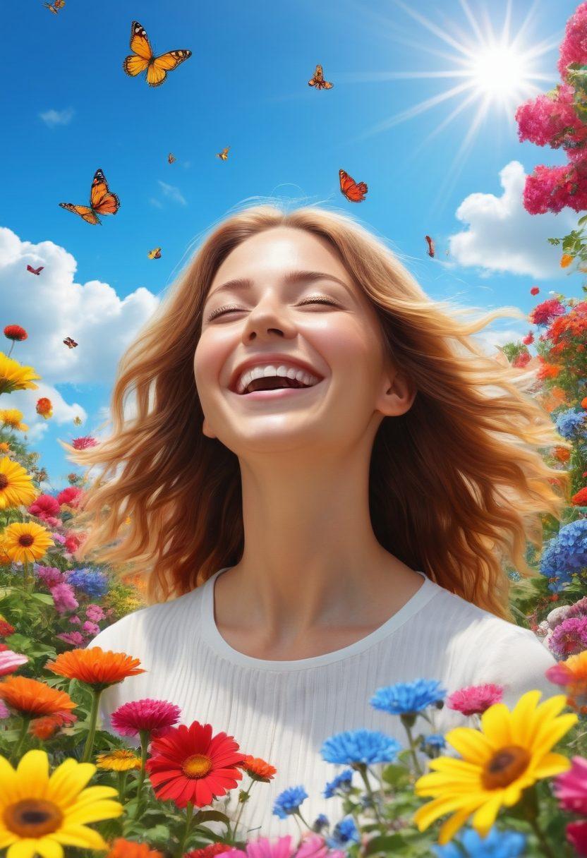 A sunlit garden brimming with colorful flowers, a joyful individual dancing among the blooms, surrounded by butterflies and a clear blue sky. Include elements of positivity like bright sun rays and vibrant smiley faces in the clouds. The scene should evoke a sense of happiness and vitality. super-realistic. vibrant colors. white background.