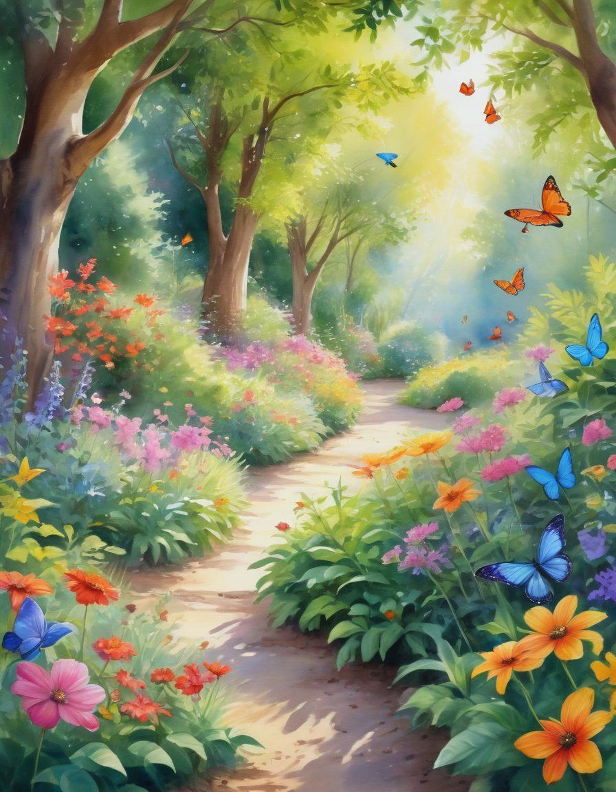 A lush garden overflowing with vibrant flowers and greenery, representing growth and vitality. In the center, a diverse group of joyful people of different ages engaged in activities like planting, laughing, and meditating. Bright sunlight streaming through the leaves, casting a warm glow that symbolizes positivity and cheerfulness. The atmosphere is filled with colorful butterflies and birds, enhancing the sense of life and energy. watercolor painting. vibrant colors. soft focus.